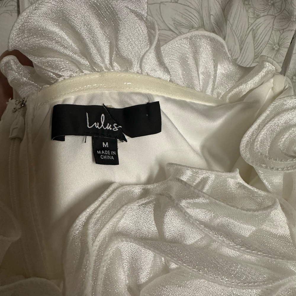 Lulu's Shimmery Ivory Satin Ruffle Dress - Picture 5 of 5